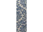 2.5 x 8 Falling Leaves Damask Slate Blue and Off White Wool Throw Rug Runner