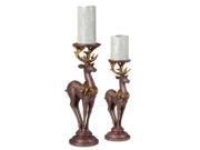 Set of 2 Glitter Drenched Bronze Reindeer Christmas Pillar Candle Holders