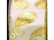Ivory Satin with Gold Paisley Print Wired Craft Ribbon 6 x 20 Yards