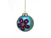 3 Matte Turquoise Blue Glass Ball Christmas Ornament with Purple Flower Designs