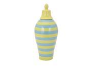 20.5 Large Whimsical Blue And Green Striped Ceramic Vase with Decorative Finial Lid
