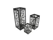 Set of 3 Black French Country Garden Floral Pillar Candle Holder Lanterns 12