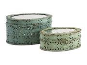 Set of 2 Bernice Pale Green Lace Textured Hinged Iron Boxes with Mirrored Lids