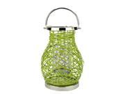 13.5 Modern Green Decorative Woven Iron Pillar Candle Lantern with Glass Hurricane