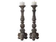 Set of 2 Floral Inspired Antique Ivory White and Gray Distressed Pillar Candle Holders 25.25
