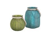Set of 2 Turquoise Blue and Tropical Green Glass Jar Vases with White Maple Bead Accents 17.75