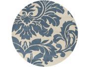 6 Falling Leaves Damask Slate Blue and Off White Round Wool Area Throw Rug
