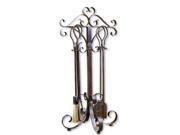 Set of 5 Hand Forged Fireplace Tools in Scrolling Distressed Brown Metal Holder