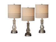 Set of 3 Modern Style Glass Accent Lamps with Linen Striped Shades 22.5
