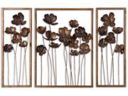 Set of 3 Decorative Antique Gold Leaf Poppy Flower Metal Wall Art 40
