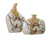 Set of 2 Ivory and Metallic Bronze Drip Ceramic Vases with Gilded Gold Bird Design