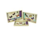 Set of 3 Decorative Vintage Style Butterfly Wooden Rectangular Serving Trays