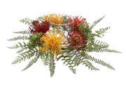 17 Green Red and Yellow Protea and Fern Artificial Candle Ring with Glass Pillar Holder