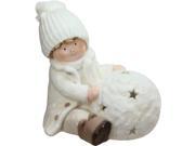 12.5 White Tealight Snowball with Sitting Boy Christmas Candle Holder