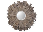 43 Large Burnished Light Walnut Brown Sunburst Round Beveled Wall Mirror