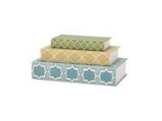 Set of 3 Green Yellow and Blue Geometric Print Faux Leather Decorative Table Top Storage Book Boxes 12.75