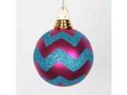 Cerise Pink Matte and Turquoise Blue Glitter Chevron Shatterproof Christmas Ball Ornaments 4 100mm
