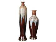 Set of 2 Athena Textured Ceramic Flower Vases with Dark Bronze Feet and Rattan Accents