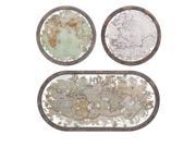 Set of 3 Antique Style Mirrored World Map Wood Framed Oval and Round Shaped Wall Art Decor 31.25