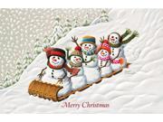 Pack of 16 Tobogganing Snowmen Fine Art Embossed Deluxe Christmas Greeting Cards