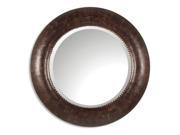 42 Hand Finished Brown Recycled Leather Round Beveled Wall Mirror