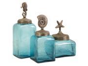 Set of 3 Ocean Blue Glass Canister Jars with Starfish Seahorse and Shell Lids