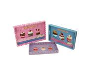 Set of 3 Decorative Pink and Blue Patisserie and Cupcakes Wooden Rectangular Serving Trays
