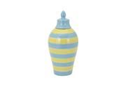 17 Small Whimsical Blue And Green Striped Ceramic Vase with Decorative Finial Lid