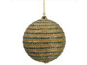 3 Regal Peacock Glittered Gold and Turquoise Blue Peacock Striped Christmas Ball Ornament