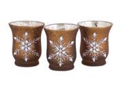 Set of 3 Jeweled Snowflake Mocha Brown Glass Tea Light Candle Holders 3.5