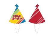 Club Pack of 12 Multi Colored Striped Happy Birthday Party Hat Decorating Cupcake Dessert Toppers