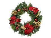 24 Artificial Mixed Pine with Red Poinsettias Gold Pine Cones and Berries Christmas Wreath Unlit