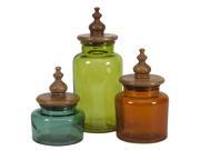 3 Rich Jewel Tone Blue Green and Orange Glass Canisters with Mango Wood Lids