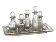 Set of 6 Etched Mercury Glass Bottles with Globe Stoppers and Decorative Tray