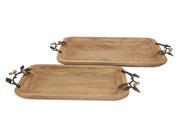 Set of 2 Vernice Polished Carved Mango Wood Serving Trays with Brass Leaf Handles