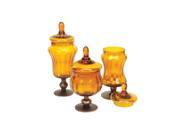 Set of 9 Amber Gold Glass Storage Canisters w Lids Metal Bases 9.5 12