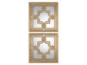 Set of 2 Bonatale Square Antiqued Wall Mirrors with Geometric Cut Out Gold Leaf Frames