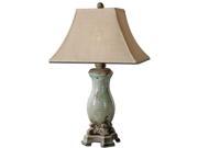 32 Distressed Blue Ceramic Brown Burlap Rectangluar Bell Shade Table Lamp