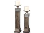 Set of 2 Wood Stained Candle Pillar Holders with Antiqued Silver Accents 18