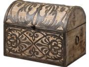 13 Lightly Stained Rustic Wood Box with Ornate Wrought Iron Metal Details