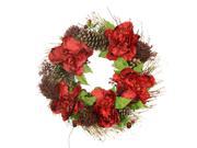 24 Red Peony and Sedum Floral Artificial Christmas Wreath with Pine Cones Unlit