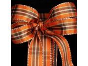 Harvest Orange Brown and Ivory Woven Wired Narrow Plaid Stripes Craft Ribbon .63 x 22 Yards