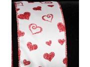 Scrolled and Sparkling Hearts Red and White Wired Craft Ribbon 2.5 x 20 Yards