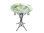 22 Hand Painted Glass Green Leaf and Berry Spring Outdoor Garden Bird Bath