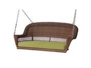 51.5 Hand Woven Honey Brown Resin Wicker Outdoor Porch Swing with Green Cushion