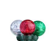 Set of 25 Red Green and Pure White Tinsel Wide Angle LED G30 Globe Christmas Lights Green Wire