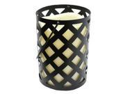 Gerson 34483 7 x 4.8 Black Metal Criss Cross Lantern Melted Edge LED Ivory Resin Candle Light with Timer