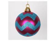 Vickerman 395578 4.75 Cerise Turquoise Matte Glitter Chevron Ball Christmas Tree Ornament 3 pack M143489