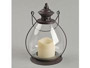 Gerson 42465 9.5 Rustic Brown Metal Glass School House Lantern Wavy Edge Battery Operated LED Candle Light with Timer