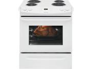 30 Slide in Electric Range with 4 Coil Elements 4.6 cu. ft. Self Clean Oven Delay Clean Delay Start Hi Lo Broil Option and Auto Oven Shut Off White